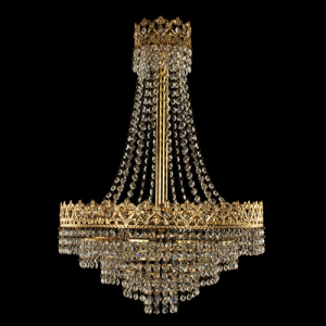 Sospensione stile Impero con allestimento in cristalli molati trasparenti, struttura oro.