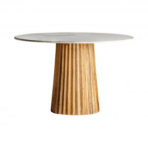 Plissè - Tavolo soggiorno rotondo di design, in legno di mango con top in marmo colore naturale stile contemporaneo, dimensioni 120 x 120 x 75 cm.