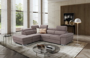 Divano letto con chaise longue, pouf estraibile e poggiatesta relax