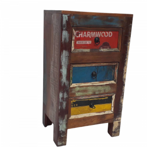 Mobiletto con 3 cassetti in legno recuperato di teak con parte frontale cassetti in latta #1067IN385