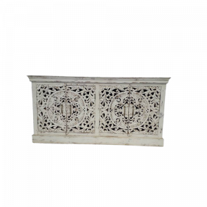 Buffet in legno di palissandro indiano decapato white con rosone intagliato e maniglie in ottone  #1140IN1750
