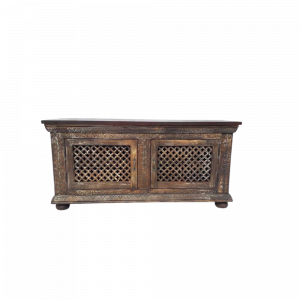 Porta Tv / Credenza bassa in legno di palissandro indiano con 2 ante intagliate e forate #1139IN985