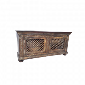 Porta Tv / Credenza bassa in legno di palissandro indiano con 2 ante intagliate e forate