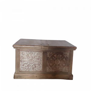 Tavolino da salotto / baule in legno di mango brown wash con intaglio white #1046IN750