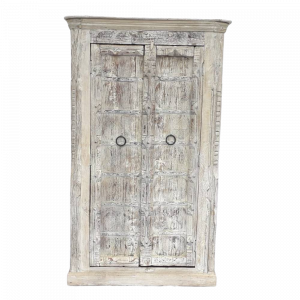 Credenza alta / Armadio in legno di mango decapato bianco con ante portale in legno di teak #1019IN1750