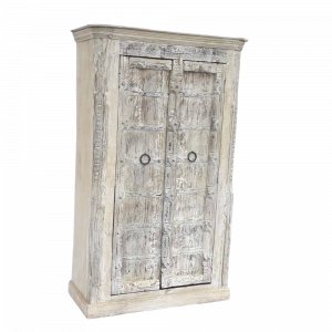 Credenza alta / Armadio in legno di mango decapato bianco con ante portale in legno di teak #1019IN1750