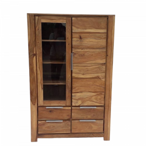 Credenza alta con anta vetro e 4 cassetti in legno di sheesham naturale #1017IN1150