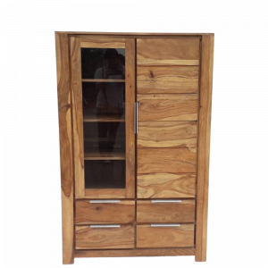 Credenza alta con anta vetro e 4 cassetti in legno di sheesham naturale