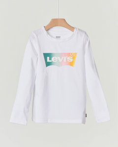 T-shirt bianca manica lunga con logo batwing multicolor glitter 3-8 anni
