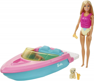 Barbie Playset con Bambola Bionda Motoscafo Galleggiante Cucciolo e Accessori Giocattolo per Bambini 3+Anni GRG30