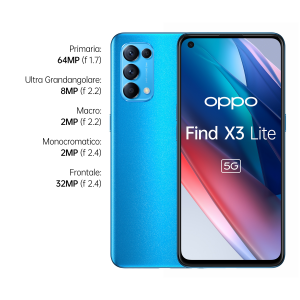 OPPO Find X3 Lite Smartphone 5G, Qualcomm 765G, Display 6.43'' FHD+AMOLED, 4 Fotocamere 64MP, RAM 8GB+ROM 128GB, 4400mAh, Dual Sim, [Versione Italiana], Colore Astral Blue