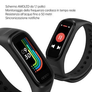 OPPO Band Sport Tracker Smartwatch con Display AMOLED a Colori 1.1'' 5ATM Carica Magnetica, Impermeabile 50m, Pedometro Fitness Cinturino Cardiofrequenzimetro, Versione Italia, Colore Black