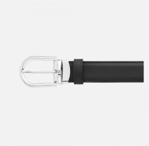 Cintura Montblanc reversibile in pelle nera/blu 30 mm con fibbia a ferro di cavallo