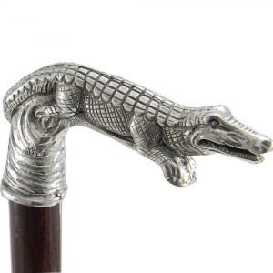 Walking stick Crocodile in precious pewter and wood