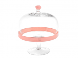 Alzata in vetro con bordo rosa con cupola in vetro pomello rosa