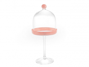 Alzata in vetro con bordo rosa con cupola in vetro pomello rosa