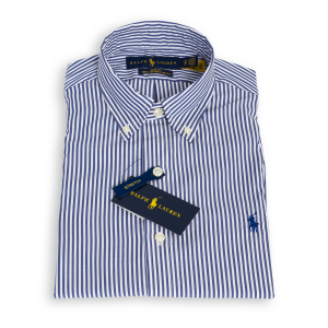 Camicia Polo Ralph Lauren a Bastoncino Blu e Bianco vestibitità slim fit in cotton stretch