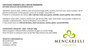 Tavoletta di Cioccolato Fondente 60% e Frutta disidratata - 70g