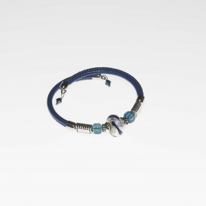 Bracciale blu in pelle con perla in vetro di Murano PR Lampwork