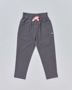 Pantalone grigio baggy in tessuto stretch con tasconi e fiocco rosa 3-7 anni
