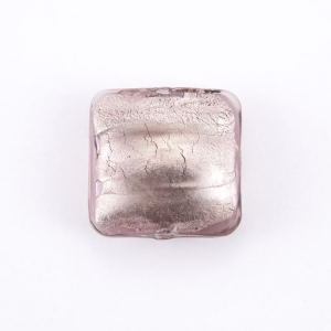 Perla di Murano schissa quadrata Ø23. Vetro sommerso ametista, foglia argento. Foro passante.