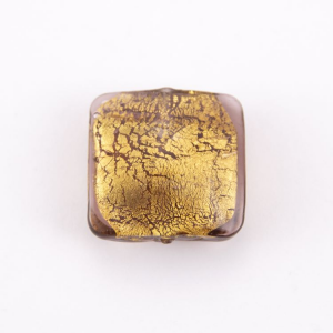 Perla di Murano schissa quadrata Ø23. Vetro sommerso ametista, foglia oro. Foro passante.