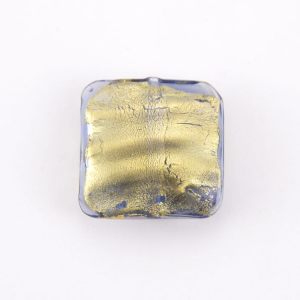 Perla di Murano schissa quadrata Ø23. Vetro sommerso blu, foglia oro. Foro passante.