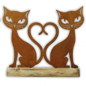 Coppia gatti coda a cuore legno e bronzo