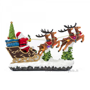 Slitta con Babbo Natale, renne, musica e luci LED in resina 34x12x22 cm - Natale