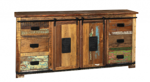 Farm - Credenza Kylie in legno massello di Saal riciclato con ante scorrevoli e 6 cassetti. Misure: 190 x 40 x 90 h