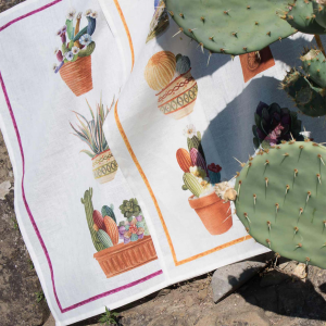 Canovaccio in lino bianco a stampa kactus con riquadro arancione