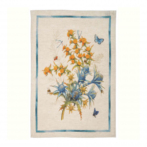 Canovaccio in lino bianco con stampa fiori di carciofo multicolore con riquardo blu