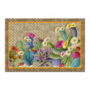 Tappeto beige 52x120cm in materiale riciclato a stampa Kactus multicolore e motivo intrecciato