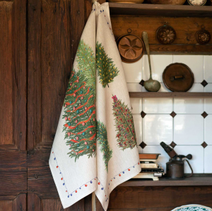 Canovaccio in lino bianco con stampa alberi di Natale con riquadro lucine