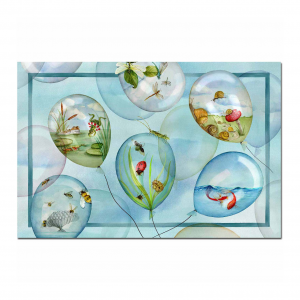 Tappeto azzurro 52x80cm in materiale riciclato a stampa Ballons a tema piccoli animali