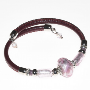Bracciale rosa in pelle con perla in vetro di Murano PR Lampwork
