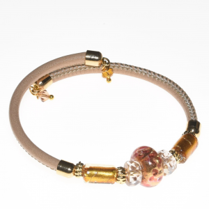 Bracciale rosa in pelle con perle in vetro di Murano PR Lampwork