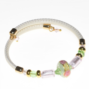 White leather bracelet with Murano glass bead PR Lampwork