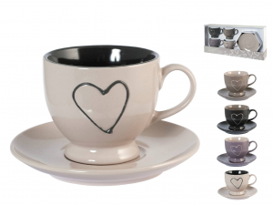 H&h Confezione 4 Tazzine Tè Stoneware Cuore Con Piatto Assor