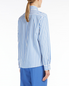 Camicia avorio a righe verticali azzurre in popeline di cotone con taschino sul davanti