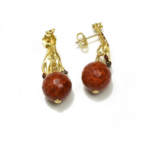 Giraffe pendant earrings with sphere in fire agate, enamel and zircons