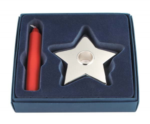 Portacandela a forma di stella in metallo placcato argento con candela rossa