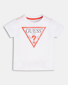 T-shirt girocollo bianca in puro cotone con logo 'Guess' frontale 9-24 mesi