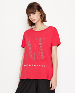T-shirt rossa in cotone con maniche corte e maxi scritta logo Icon a borchiette argento