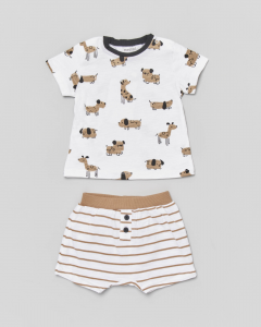 Completino in cotone composto da t-shirt con fantasia cagnolini e pantaloncini a righe avorio e cammello 4-12 mesi
