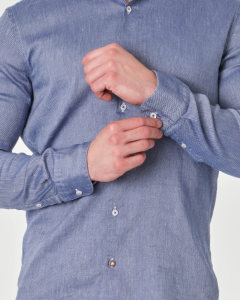 Camicia Hank coreana blu micro armatura in misto lino e cotone stretch