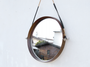 Specchio vintage rotondo in teak 