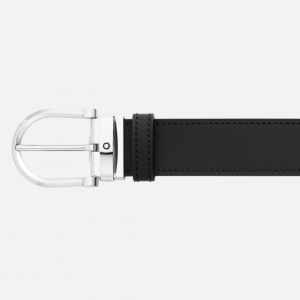 Cintura Montblanc reversibile in pelle nera/blu 35 mm con fibbia a ferro di cavallo