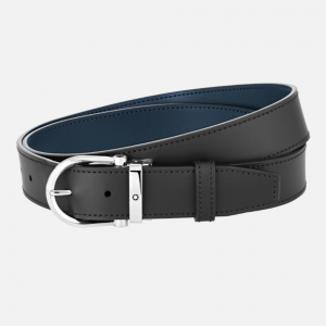 Cintura Montblanc reversibile in pelle nera/blu 35 mm con fibbia a ferro di cavallo