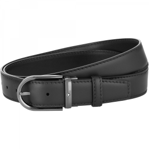 Cintura Montblanc in pelle nera 35 mm con fibbia lucida al Rutenio